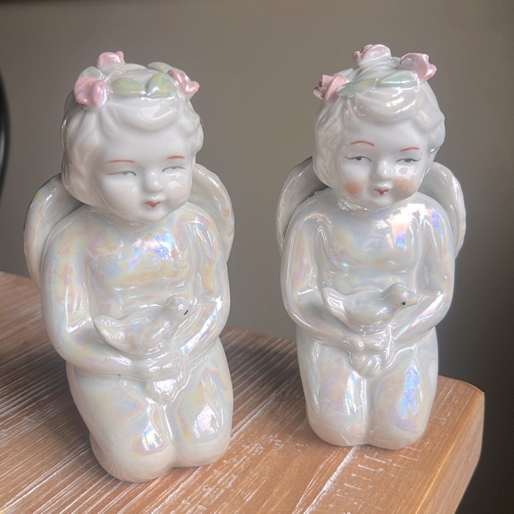 6” Tall Vintage Porcelain Iridescent Cherub Angel Holding Bird Figurine Set 2.